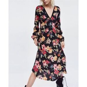 ZARA Floral Velvet Trim Midi Dress